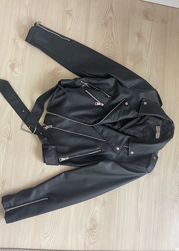 Siyah Kemerli Kısa Deri Biker Ceket Derimont - Görsel 5