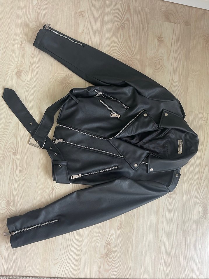 Siyah Kemerli Kısa Deri Biker Ceket Derimont - Görsel 5