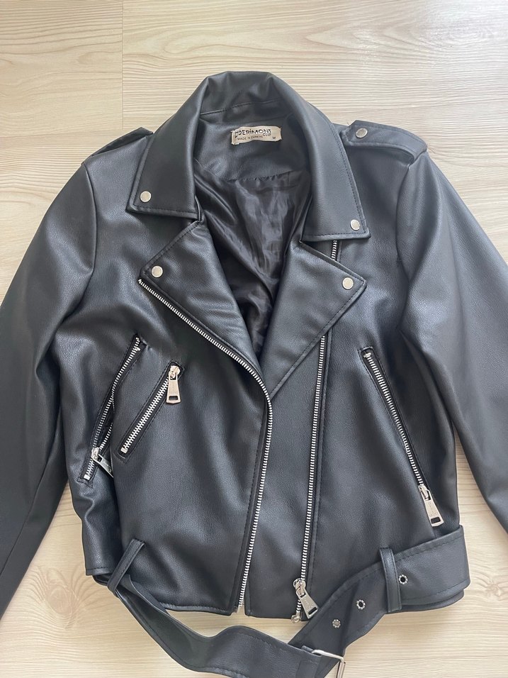 Siyah Kemerli Kısa Deri Biker Ceket Derimont - Görsel 2