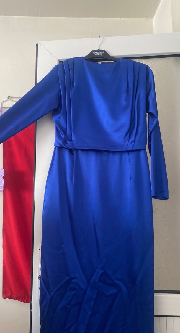 Uzun Kollu Mavi Drapeli Kadın Elbise - Görsel 3