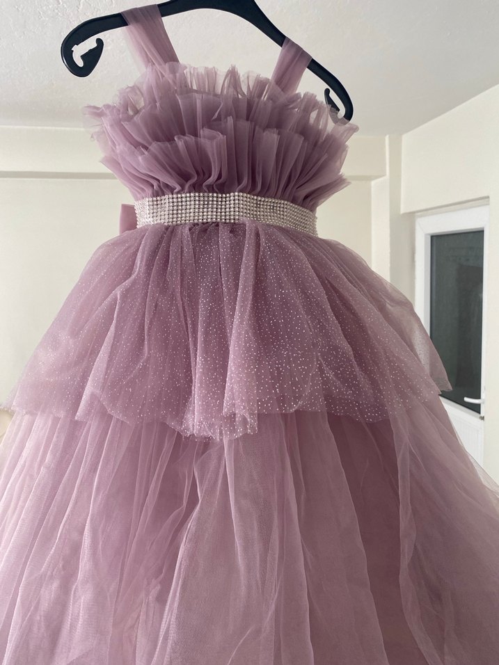 Mor Fırfırlı Modern Klasik Kız Çocuk Elbisesi - Görsel 2