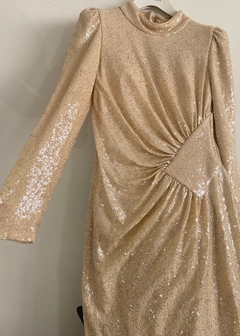 Uzun Kollu Bej Parlak Drapeli Abiye Elbise - Görsel 4