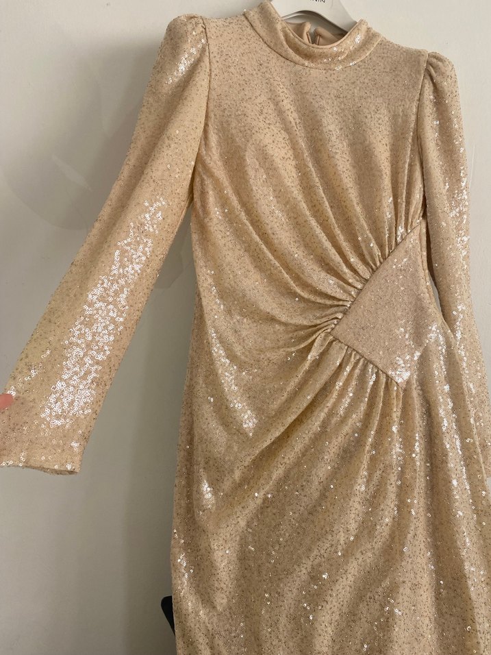 Uzun Kollu Bej Parlak Drapeli Abiye Elbise - Görsel 4