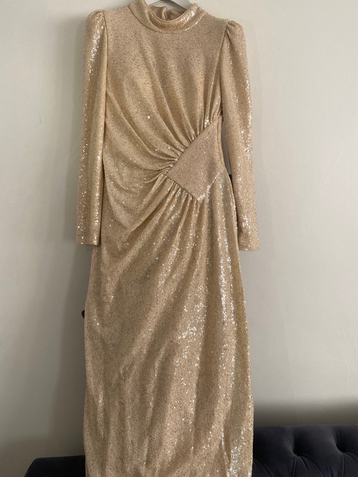 Uzun Kollu Bej Parlak Drapeli Abiye Elbise - Görsel 3