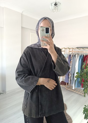 xl Beden Yandan Bağlamalı Kot Kimono Füme