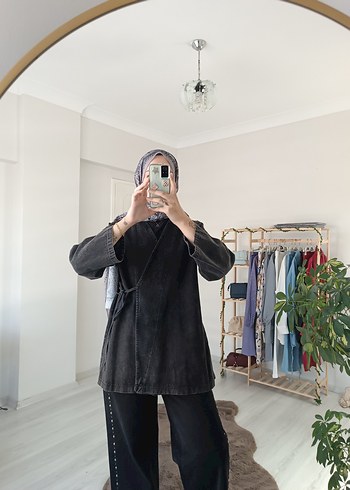 Yandan Bağlamalı Kot Kimono Füme