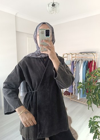 xl Beden siyah Renk Yandan Bağlamalı Kot Kimono Füme