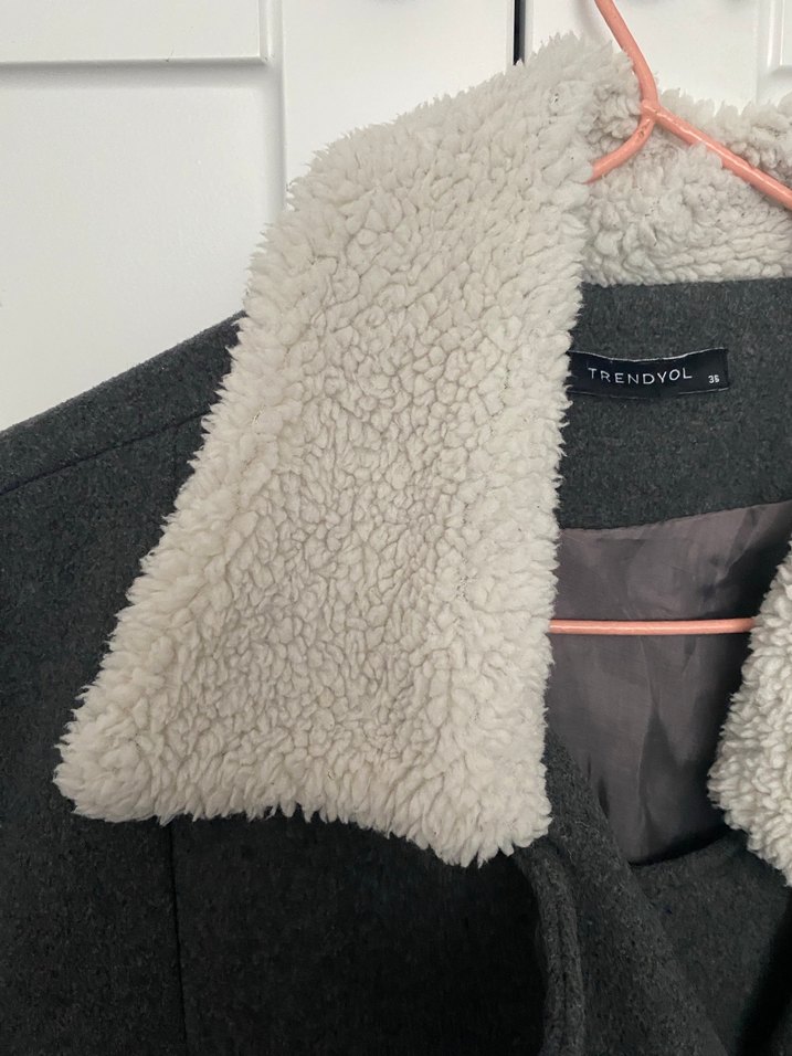 Çift Düğmeli Yünlü Gri Kaban - Görsel 2