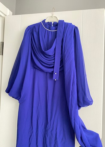 Uzun Drapeli Mavi Abiye Elbise - Görsel 3