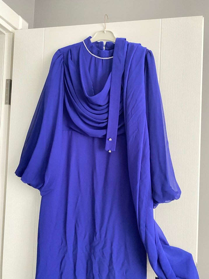 Uzun Drapeli Mavi Abiye Elbise - Görsel 3