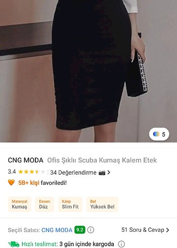 CNG MODA Siyah Yüksek Bel Kalem Etek