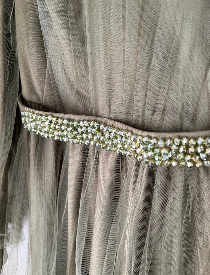 Vintage Tarzı Uzun Haki Abiye Elbise - Görsel 2