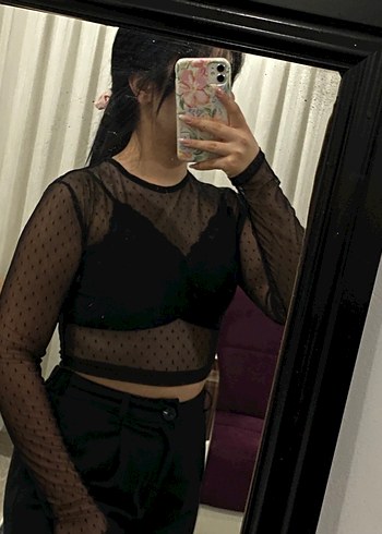 Uzun Kollu Siyah Puantiyeli Transparan Crop Top