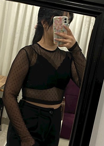 Diğer Uzun Kollu Siyah Puantiyeli Transparan Crop Top