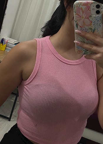 Diğer Pembe Yüksek Yakalı Kolsuz Crop Top