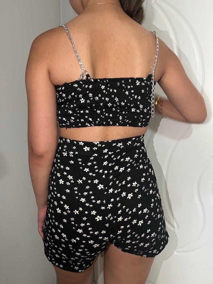Zincir askılı çiçek desenli Siyah Straplez Bustiyer etek - Görsel 3