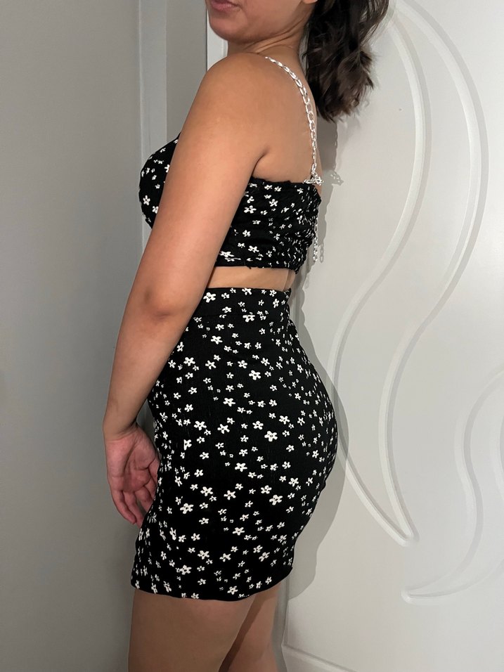 Zincir askılı çiçek desenli Siyah Straplez Bustiyer etek - Görsel 4