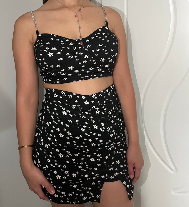 Zincir askılı çiçek desenli Siyah Straplez Bustiyer etek - Görsel 2