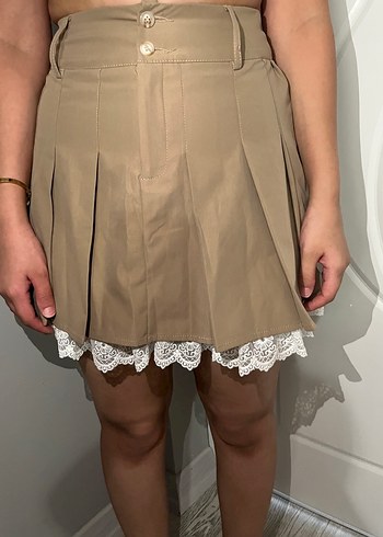 Bej Dantel Detaylı Midi Mini Etek - Görsel 3
