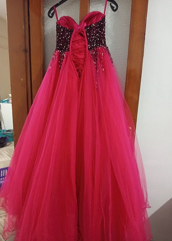 Pullu Straplez Uzun Pembe Nişan Elbisesi - Görsel 2