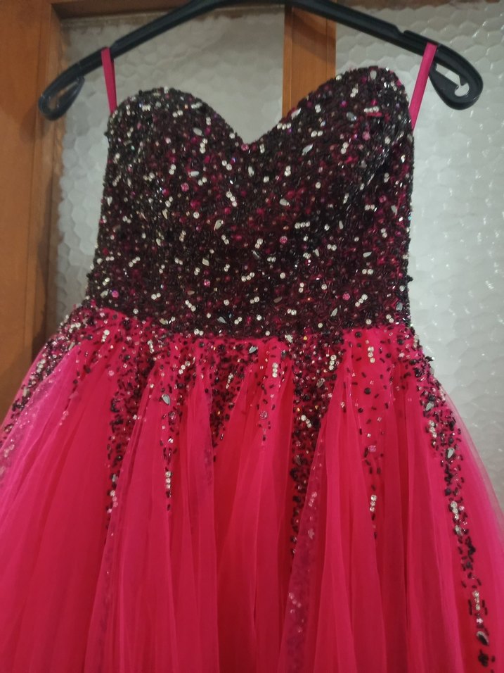 Pullu Straplez Uzun Pembe Nişan Elbisesi - Görsel 3