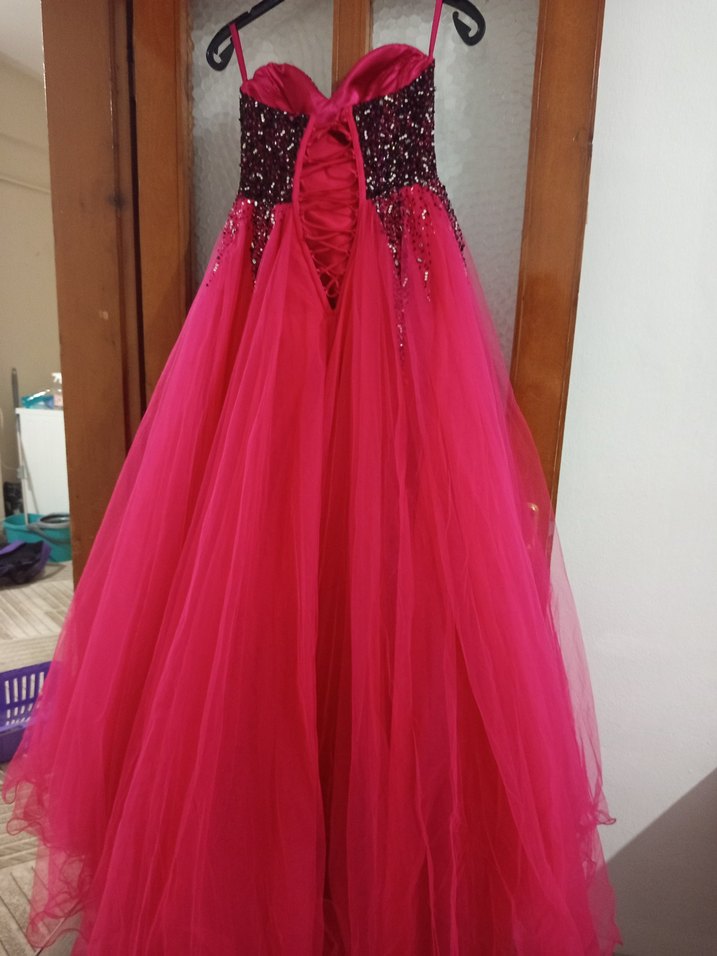 Pullu Straplez Uzun Pembe Nişan Elbisesi - Görsel 2