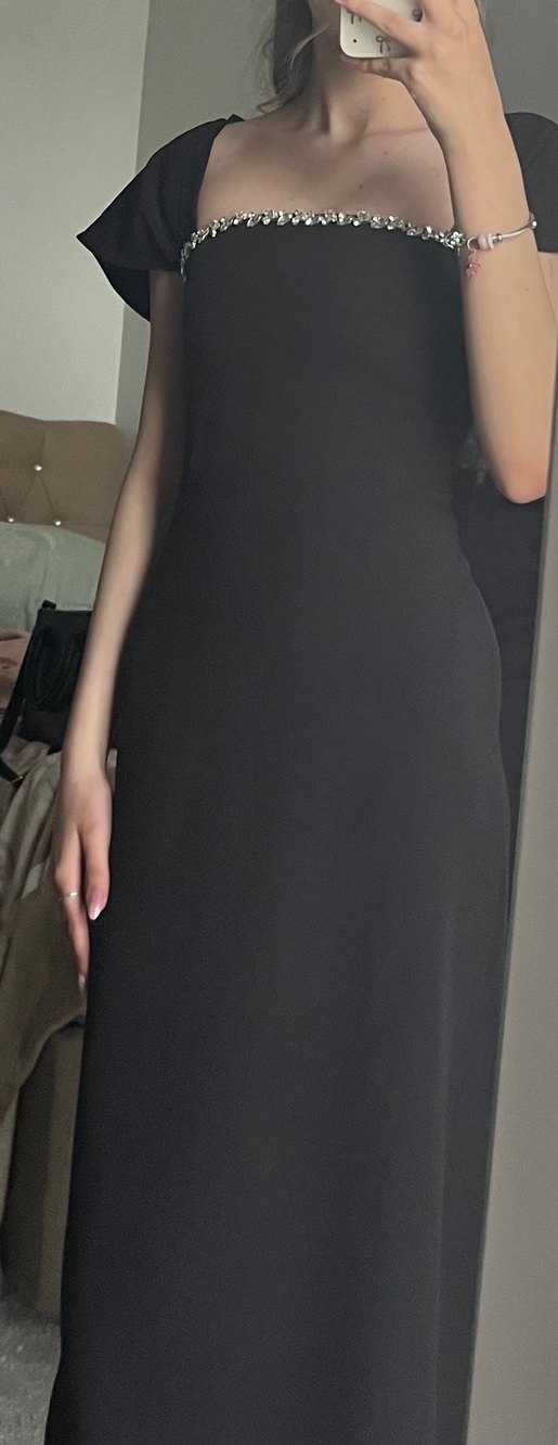 Siyah V Yakalı Uzun Kadın Abiye Elbise - Görsel 3