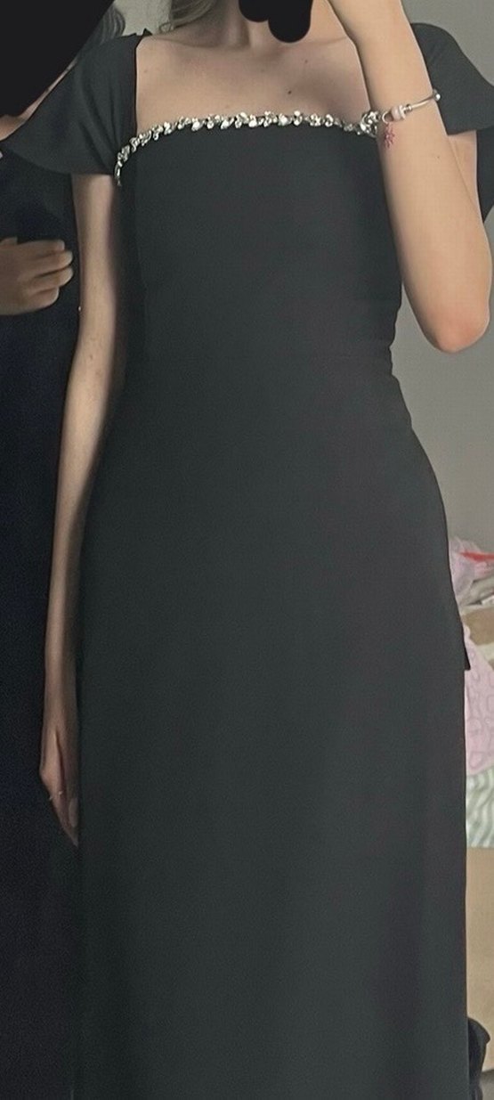 Siyah V Yakalı Uzun Kadın Abiye Elbise - Görsel 2