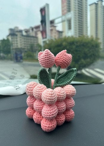 El Yapımı Pembe Amigurumi Çiçek ve Kiraz Süsü