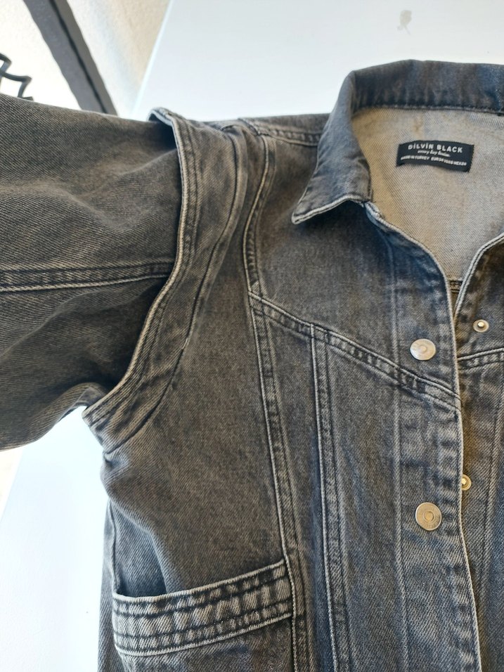 Gri Kadın Düğmeli Kot Ceket - Görsel 5