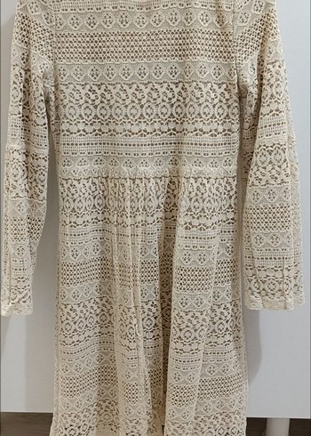 Dantel Detaylı Uzun Kollu Ekru Bohem Elbise - Görsel 5