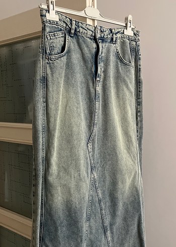Defacto Mavi Bağlama Desenli Midi Denim Etek
