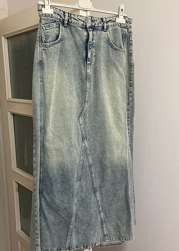 Mavi Bağlama Desenli Midi Denim Etek
