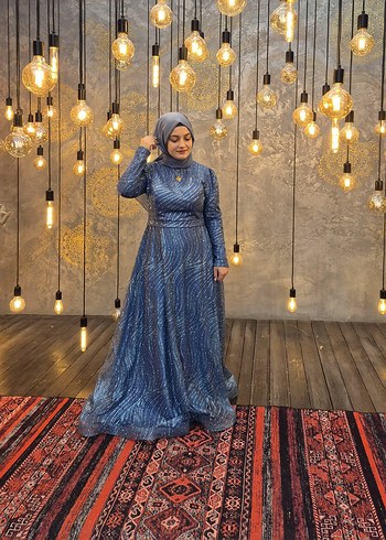 Abiye Uzun Kollu Mavi Bohem Kadın Abiye Elbise