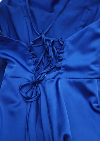 Parlak Mavi Uzun Drapeli Kadın Abiye Elbise - Görsel 4