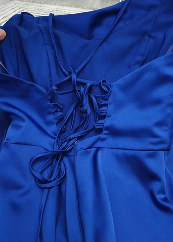 Parlak Mavi Uzun Drapeli Kadın Abiye Elbise - Görsel 3