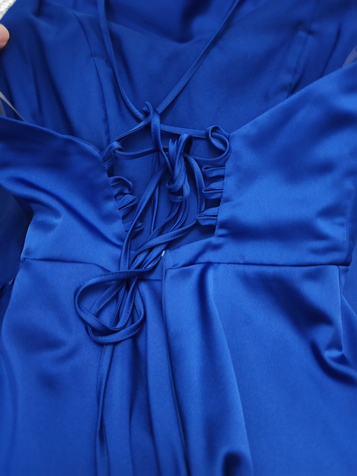 Parlak Mavi Uzun Drapeli Kadın Abiye Elbise - Görsel 4