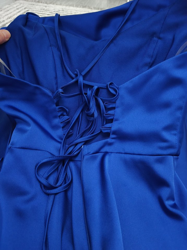 Parlak Mavi Uzun Drapeli Kadın Abiye Elbise - Görsel 3