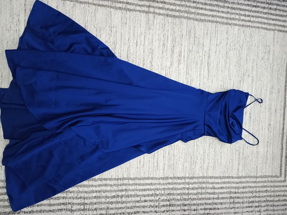 Parlak Mavi Uzun Drapeli Kadın Abiye Elbise - Görsel 2