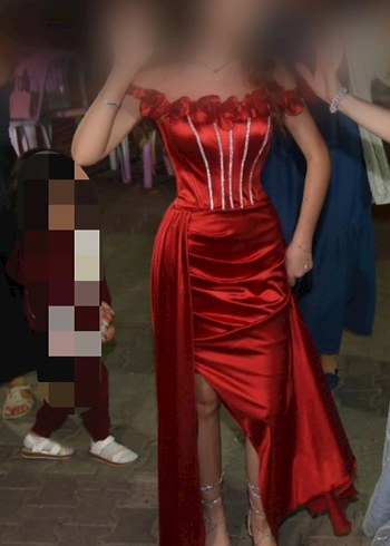 Kırmızı V Yaka Drapeli Kadın Abiye - Görsel 3