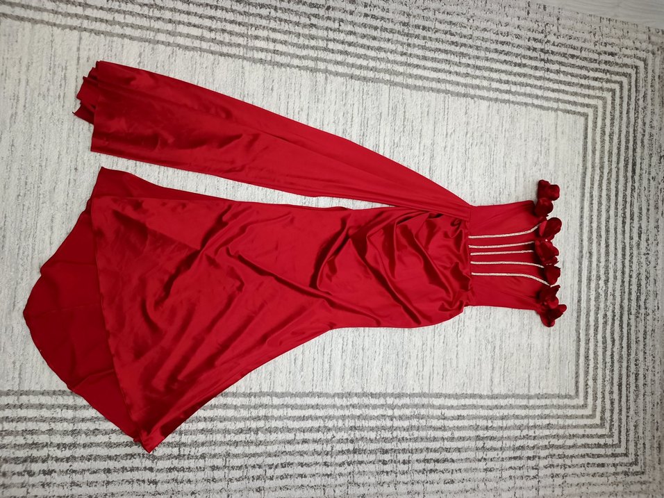 Kırmızı V Yaka Drapeli Kadın Abiye - Görsel 2