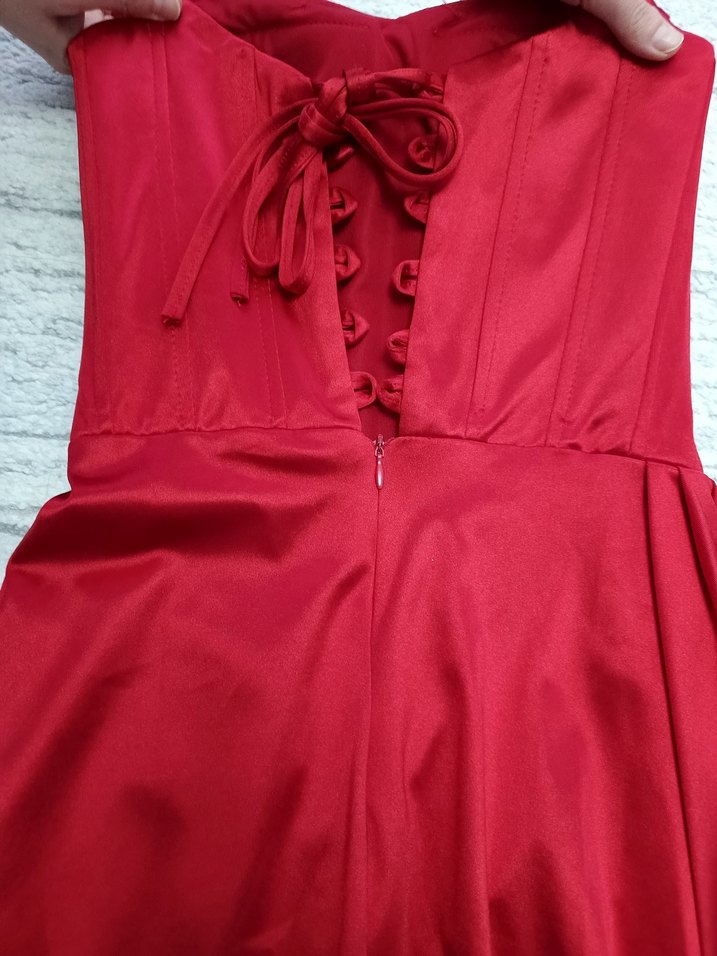 Kırmızı V Yaka Drapeli Kadın Abiye - Görsel 4