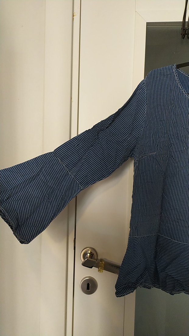 Mavi Çizgili Uzun Kollu Denim Kadın Gömlek - Görsel 4