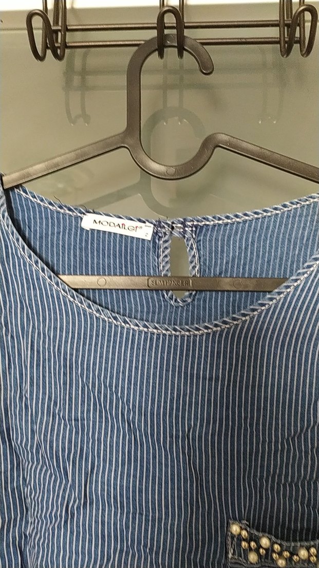 Mavi Çizgili Uzun Kollu Denim Kadın Gömlek - Görsel 3