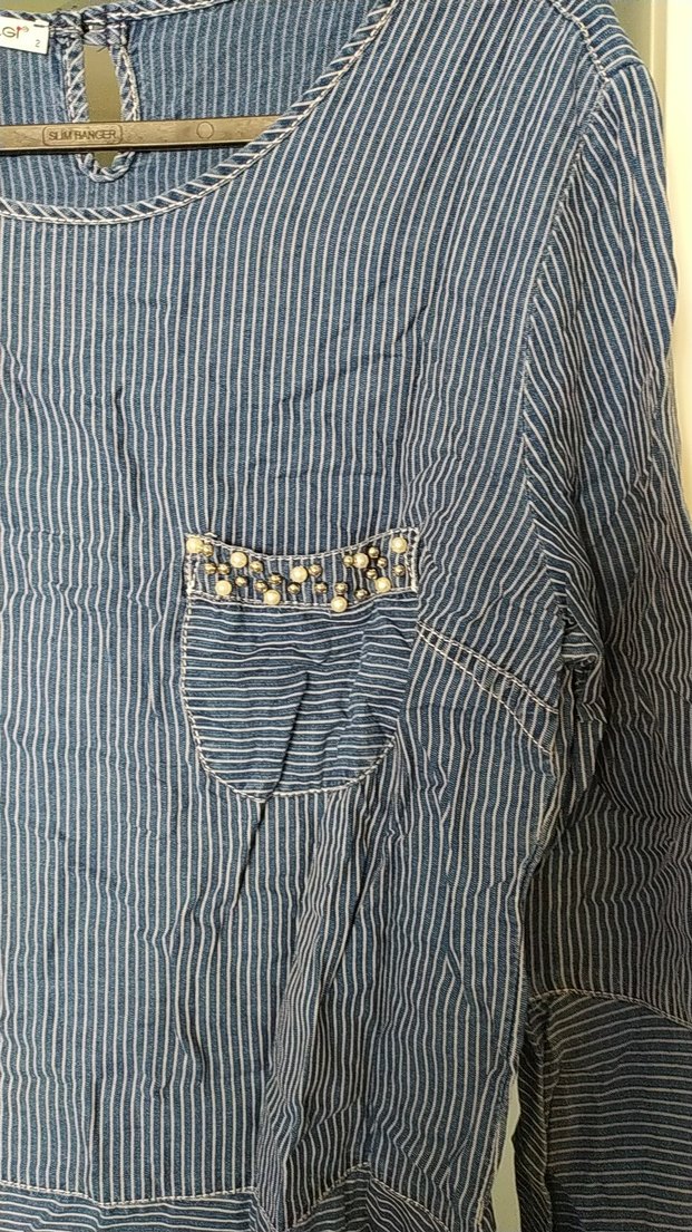 Mavi Çizgili Uzun Kollu Denim Kadın Gömlek - Görsel 2