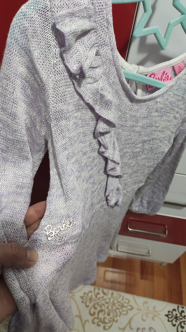 Lila  önü fırfırlı simli triko elbise - Görsel 2