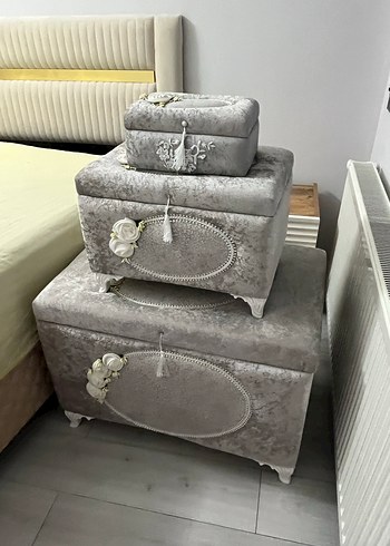 Beden gri Renk Gri Kadife Üçlü Dekoratif Saklama Kutusu