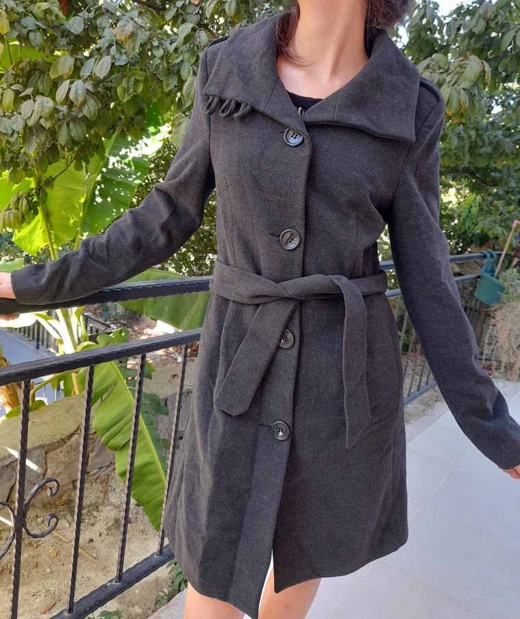 Antrasit Kadın Kemerli Kaban - Görsel 5