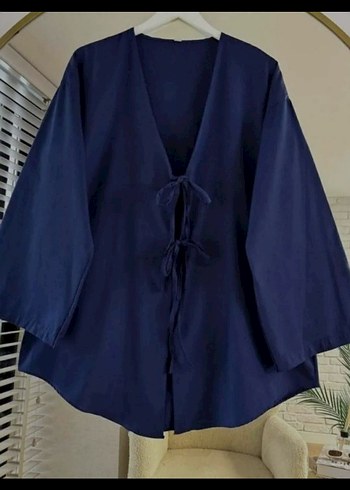 Lacivert V Yakalı Bohem Keten Kadın Kimono