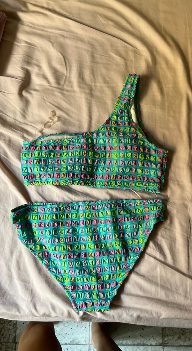 Renkli Örgü Desenli Tek Omuz Bikini - Görsel 2